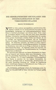 Cover of: Die Geographischen Grundlagen der Innenkolonisation in den Vereinigten Staaten | Erich Wunderlich