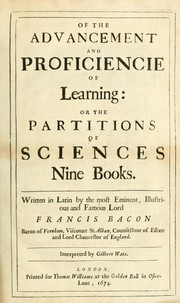 Cover of Of the advancement and proficiencie of learning by Francis Bacon