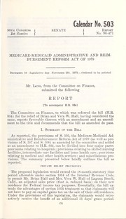 Cover of: Medicare-Medicaid administrative and reimbursement reform act of 1979: report of the Committee on Finance, United States Senate, on H.R. 934, a bill for the relief of Brian Hall and Vera W. Hall