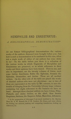 Herophilus and Erasistratus : a bibliographical demonstration in the Library of the Faculty of Physicians and Surgeons of Glasgow, 16th March, 1893 by James Finlayson