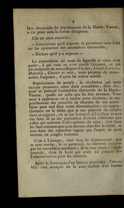 Cover of: Rapport fait par Math. Depe  re sur la re solution qui valide les ope rations de l'assemble e-me  re dans le de partement de la Haute-Vienne. Se ance du 25 flore al an 7. by Depe  re, Mathieu comte