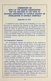 Commentary on Reply of the Sacred Congregation for the Doctrine of the Faith on sterilization in Catholic hospitals, Sept. 15, 1977 by Catholic Church. National Conference of Catholic Bishops.