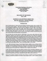 Record of decision, Barrick Goldstrike Mines, Inc by United States. Bureau of Land Management. Elko District