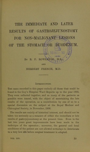 cover of The immediate and later results of gastrojejunostomy for non-malignant lesions of the stomach or dudoenum