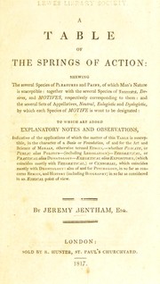 Cover of: A table of the springs of action: shewing the several species of pleasures and pains, of which man's nature is susceptible: together with the several species of interests, desires, and motives, respectively corresponding to them: and the several sets of appellatives, neutral, eulogistic and dyslogistic, by which each species of motive is wont to be designated: to which are added explanatory notes and observations ...