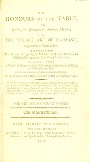 Cover of: The honours of the table, or, rules for behaviour during meals; with the whole art of carving, illustrated by a variety of cuts: together with directions for going to market, and the method of distinguishing good provisions from bad : to which is added a number of hints or concise lessons for the improvement of youth, on all occasions in life