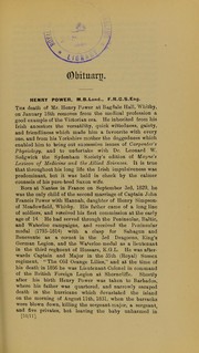 Cover of: Obituary: Henry Power, M.B. Lond., F.R.C.S. Eng., consulting ophthalmic surgeon, St. Bartholomew's Hospital, London, and to the Royal Westminster Ophthalmic Hospital