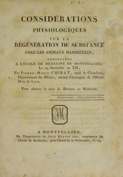 Cover of: Consid©♭rations physiologiques sur la r©♭g©♭n©♭ration de substance chez les an maux mammif©·res