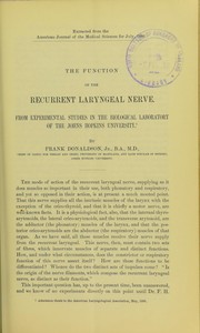 Cover of: The function of the recurrent laryngeal nerve: from experimental studies in the Biological Laboratory of the Johns Hopkins University