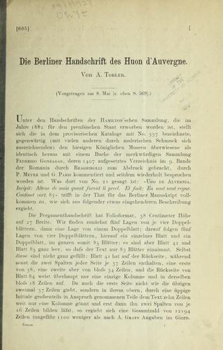 Die Berliner Handschrift des Huon d'Auvergne by Adolf Tobler