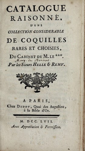 Catalogue raisonné d'une collection considerable de coquilles rares et choisies, du cabinet de M. le*** by Helle