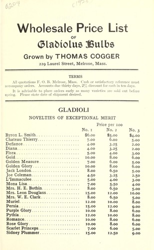 Wholesale price list of gladiolus bulbs [and other bulbs] by Thomas Cogger (Firm)