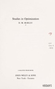 Cover of: Studies in optimization | David Michael Burley