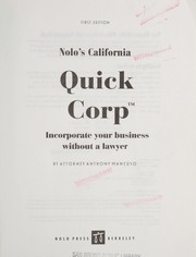 Cover of: Nolo's California quick corp: incorporate your business without a lawyer