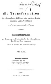 Cover of: Ueber die Transformation der allgemeinen Gleichung des zweiten Grades zwixchen Linien-coordinaten auf eine canonische Form ...