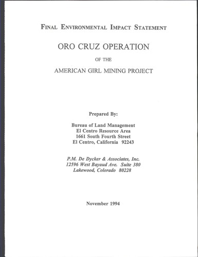 Final environmental impact statement, Oro Cruz operation of the American Girl mining project by United States. Bureau of Land Management. El Centro Resource Area