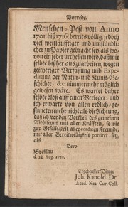 Kurtze Jahr-Historie von den Seuchen des Viehes/ Von Anno 1701. biß 1717. by Johann Kanold