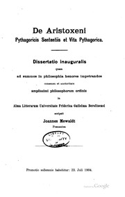 Cover of: De Aristoxeni Pythagoricis sententiis et vita Pythagorica ... by Johannes Mewaldt