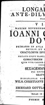 Cover of: De longaevitate anti-diluvianorum praefati, viro maxime reverendo atque amplissimo Ioanni Conrado Dovio
