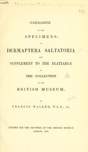 Cover image for Catalogue of the Specimens of Dermaptera Saltatoria and Supplement to the Blattarioe in the Collection of the British Museum